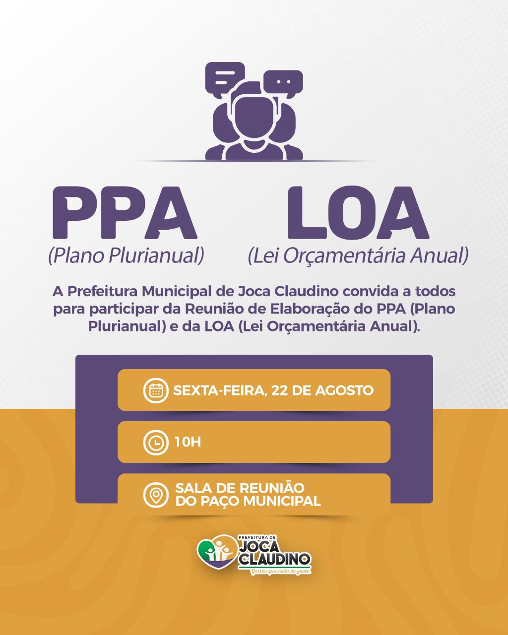 Prefeitura de Joca Claudino convoca população para audiência pública do PPA 2026-2029 e da LOA 2026