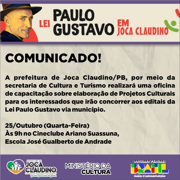 Secretaria de Cultura e Turismo publicou Editais Lei Paulo a Gustavo